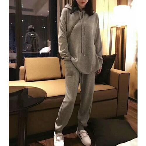 2020 Drawstring Full Spring New Cashmere Suit Round Neck Hooded Long-sleeved Casual Sweater And Trousers Loose Two-piece Woman