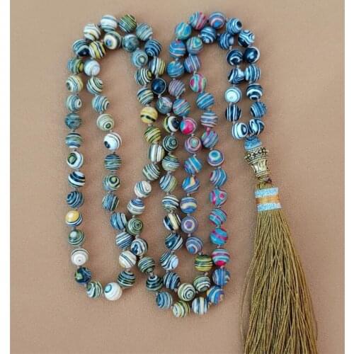 8mm Striped Stone 108 Beads Tassel Knotted Necklace Chic Cuff Fancy Lucky Colorful Wristband Elegant Chakra Wrist