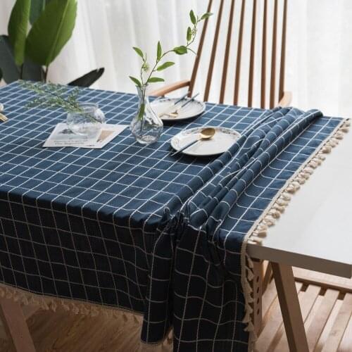 90x90/140x100/140x140/140x200/140x220cm deep blue/beige windowpane tablecloth tassel grid pattern tea table cloth dust proof
