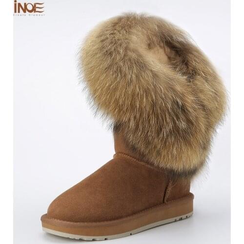 INOE fashion high snow boots for women boots real cow suede leather fox fur winter boots black brown high quality non-slip