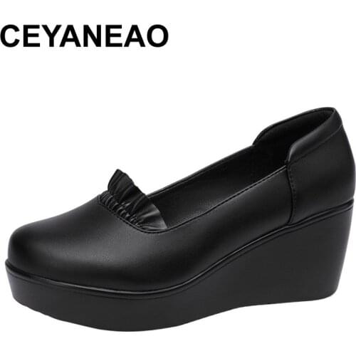 CEYANEAORound head middle ages women shoes wedge heel office shoes women high heels platform ladies heels