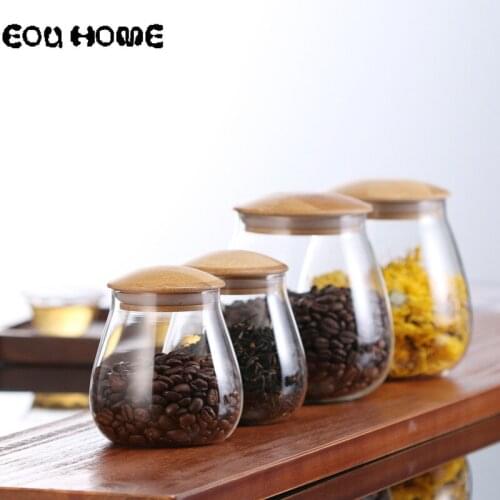 Food Glass Storage Sealed Jar Mushroom Shape Wooden Lid Transparent Coffee Bean Tea Bottle Kitchen Supplies Candy Storage Box