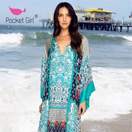 Pocket Girl 2020 Midi Bikini Cover Up Sexy Lace Up Women Long Dress Covers Capes Summer Beach Bathing Suit Beachwear Cover Ups