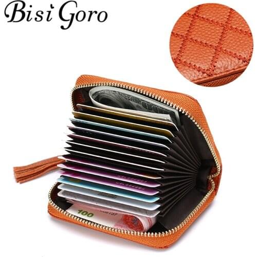 BISI GORO 2019 Women Genuine Leather Card Holder Small Female ID Credit Card Case Tassel RFID Blocking Womens Mini Wallet