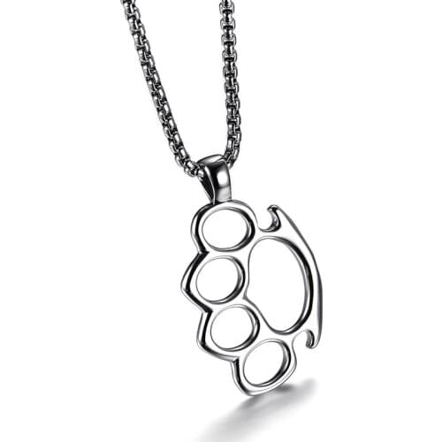 Mens Knuckle Duster Pendant Necklace Silver Color Stainless Steel Hip-hop Biker Symbol Male Collier Jewelry Free Box Chain 24"