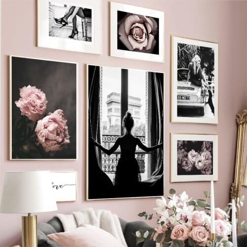 Wall Art Canvas Painting Blossom Pink Rose Model Girl Black White Nordic Posters And Prints Wall Pictures For Living Room Decor
