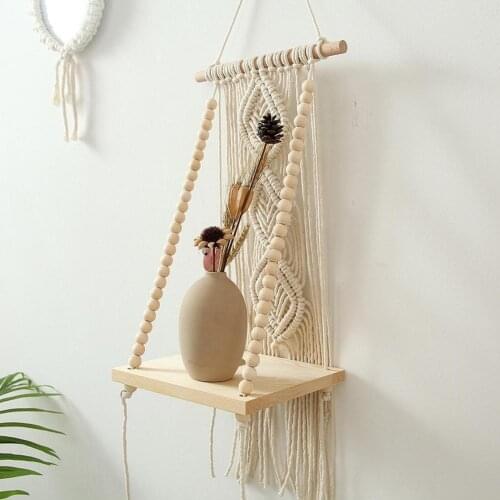Boho Handmade Tassel Macrame Tapestry Wall Hanging Shelf Boho Cotton Rope Woven Plant Hanger Wood Floating Shelf Wall Decor