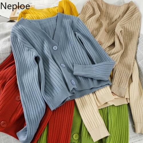 Neploe New Solid Knit Cardigan Women Fashion Long Sleeve Single Breasted Sweater Casual 2021 Loose V Neck Cardigans Mujer 1B091