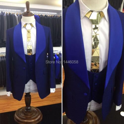 New Arrival 2018 Elegant Blue Jacket Royal Blue Lapel Groomsmen Formal Blazer Men Tuxedo Groom Wedding Suits (Jacket+Pants+Vest)
