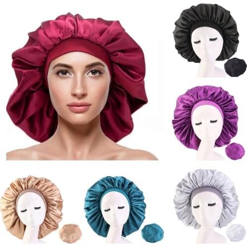 New Satin Bonnet Sleep Bonnet Cap Women Extra Large Solid Elastic Broadside Cap Head Cover Bonnet Hat for For Curly Springy Hair