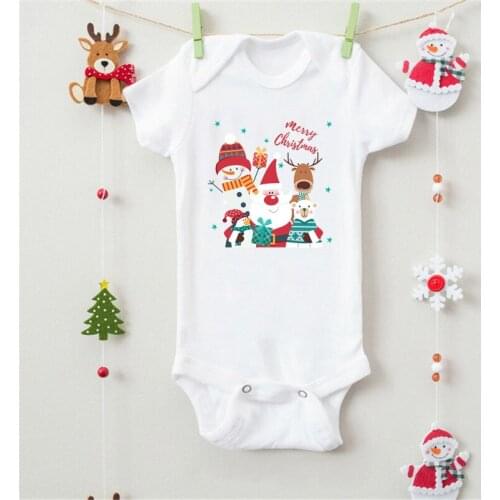 Merry Christmas Santa Snowman Graphic Printed New Fashion Newborn Cute Cartoon Baby Romper Infant Short Sleeve White Onesies