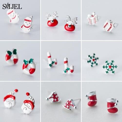 Christmas Multiple Red Green Snowman Bells Earrings for Women Girl Tree Snowflake Elk Earrings 925 Sterling Silver Jewelry Gifts