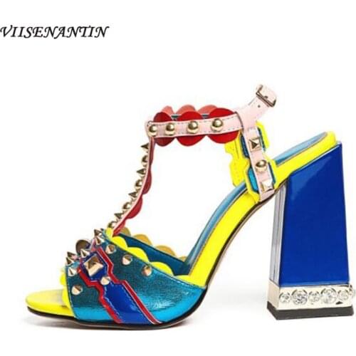 VIISENANTIN Spiked Rivets Pearled High Heels Sandalias Color Match 2019 Summer Shoes Designer Gladiator Sandals Pumps Sapatos