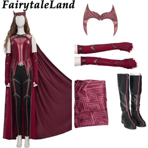 Halloween Carnival Superheroine Wanda Outfit Scarlet Cosplay Witch Costume Maximoff Red Suit with Mask High Heel Boots