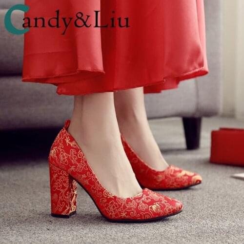 Embroidered Bridal Shoes Chunky Heel Wedding Shoes Shoes Pointed Shallow Mouth Single Shoes Womens Red Shoes Small Size