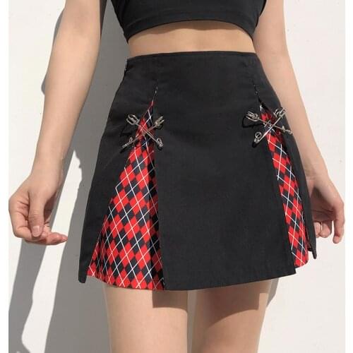 Vintage Goth Dark Plaid Print A-Line Skirts Harajuku Y2k Black High Waist EGirl Sexy Mini Skirt Women Pin Patchwork Gothic Skirt