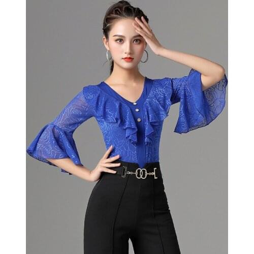 Latin Dance Practice Clothes Women Short Sleeve Elegant Latin Tops Professional Rumba Tango Samba Cha Cha Dance Shirt DQL5369