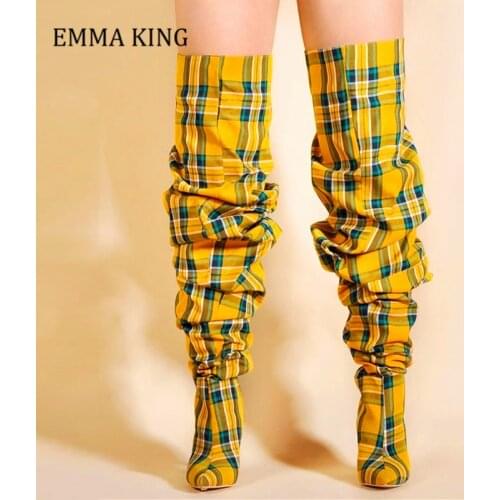 2020 Women Plaid And Pleated Boots Women High Heels Over the Knee Plaid Boots Female Slouch Boots Pointed Toe Ladies Shoes Women