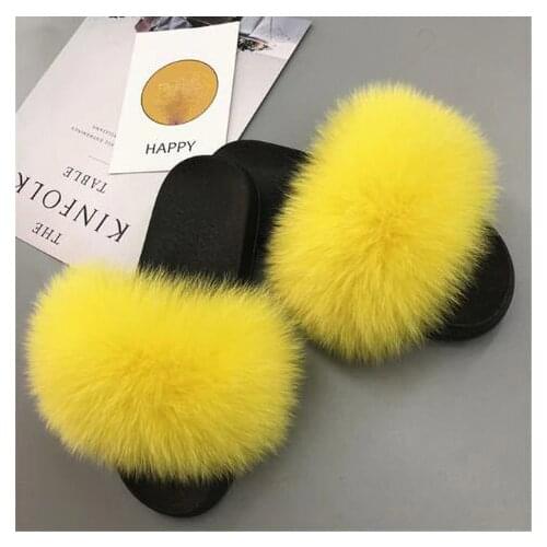 Wholesale Womens Winter Warm Plush Shoes Lovely Fluffy Fox Fur Slippers Woman Fur Slides Ladies Furry Sandals Fur Flip Flops 45