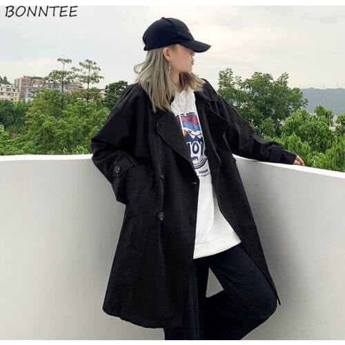 Long Trench Women New Arrival Early Autumn Fashion Outwear Stylish Korean Style Notched Button Simple Casual Elegant Loose Soft