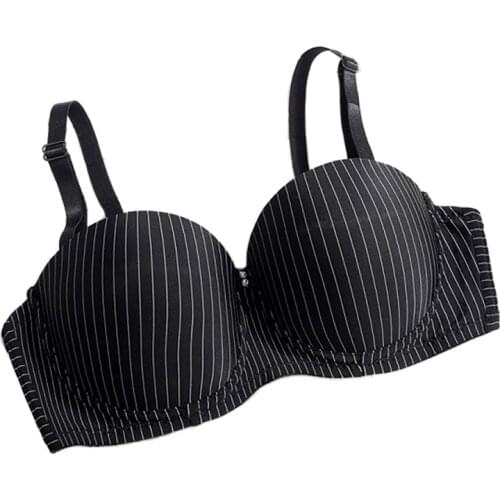 Women 3/4 Cup Thin Stripe Breathable Gathered Brassiere Adjustable Strap Push Up Underwired Underwear Ladies' Daily Bra