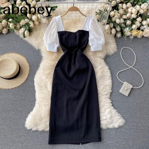 Women Elegant French Dress Sweet Puff Sleeve Splice Office Dresses Summer Fashion Casual Streetwear Midi Dress