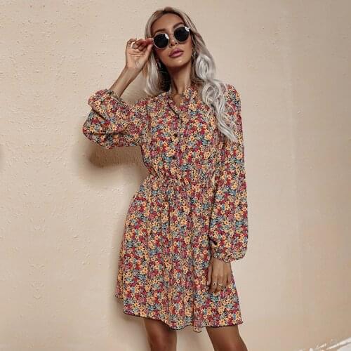 Women Autumn Shirt Dress Big Hem Short Dress Floral Printed Pattern Stand-up Collar Long Sleeve Loose A-line Dress