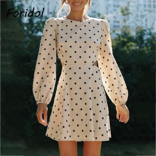 Foridol Polka Dot Long Sleeve Beige Autumn Winter Dress Women Sexy Backless Vintage Offce Ladies Short Dress 2021party Dress