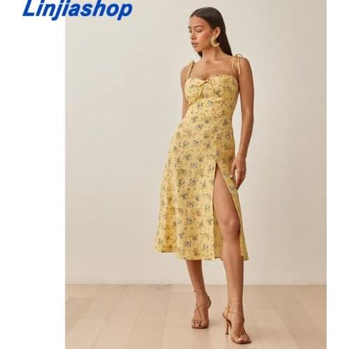 Floral Print Midi Dress Boho Vintage Strappy Cute Women Dress Long Holiday Beach Style Split Female Summer Dress