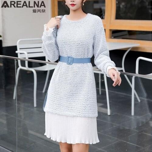 Winter Warm mini Dress women Fake two piece patchwork ruffles Knitted Pullover Sweater Dresses Pull Femme With Sashes vestidos
