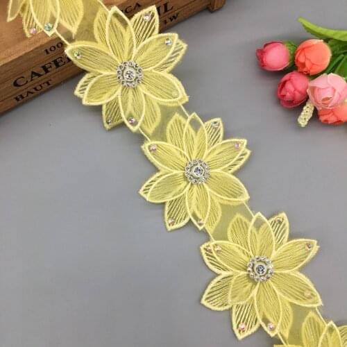 1 yard 3D Yellow 7.5CM Pearl Rhinestones Flower Lace Trim Ribbon Fabric Applique Embroidery Handmade DIY Clothes Wedding Dress