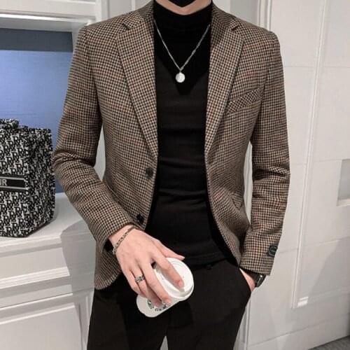 2021 Autumn Winter Plaid Men Blazers Korean Slim Woolen Casual Suit Jacket Wedding Business Dress Coat Streetwear Social Clothes