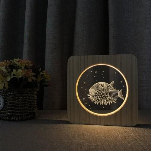 Puffer Fish Abstract 3D LED Arylic Wooden Night Lamp Table Light Switch Control Carving Lamp for Childrens Room Decorate