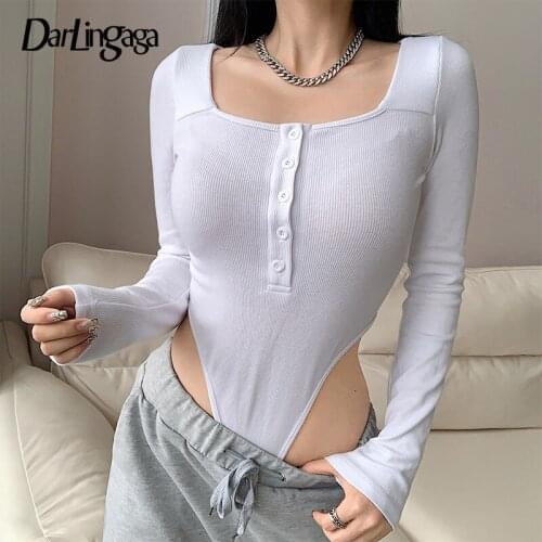Darlingaga Square Neck White Long Sleeve Bodysuit Women Button Up Bodycon Sexy Body Spring Autumn Bodysuits Tops Basic Clothing
