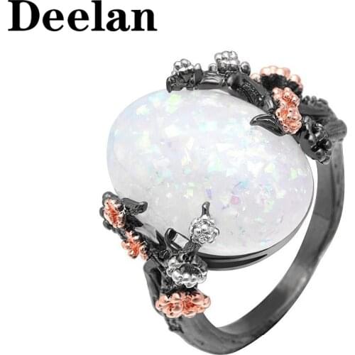 DEELAN Vintage oval Opals Black Gold color Tree of life Flower Rings For Women Wedding Party Jewelry trendy love gift ring