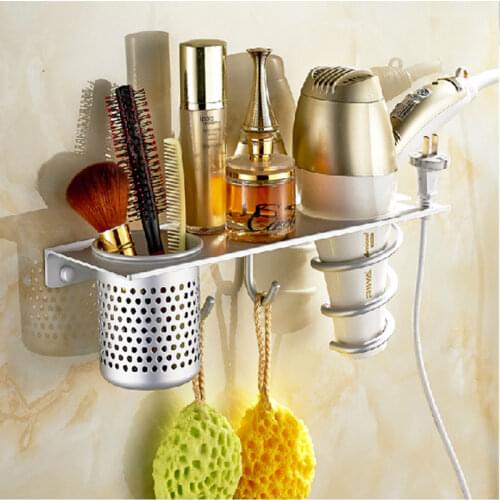 Hot sale High Quality Bathroom Hair Dryer Holder Wall Mounted Rack with 2 hooks / cup nail cliper toothpaste storage Shelf