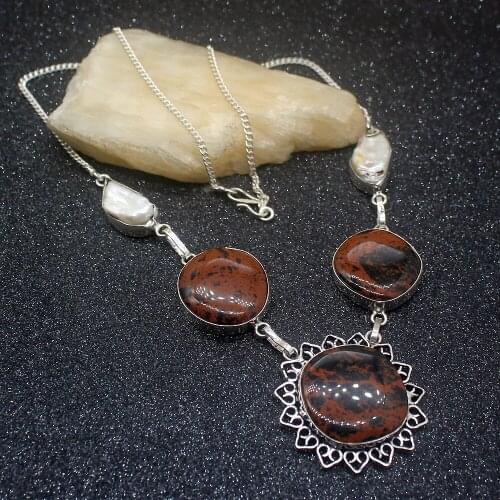 Elegant Fashion Obsidian Biwa Pearl Silver Color Women Pendant Necklace Chain 19 Inch HD616