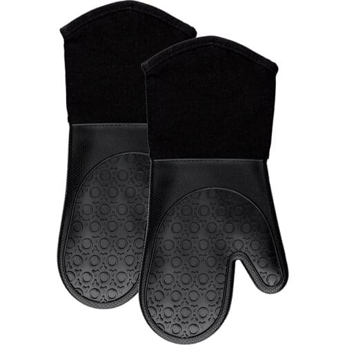 Hot Silicone Oven Mitts With Quilted Cotton Lining - Professional Heat Resistant Potholder Kitchen Gloves - 1 Pair (Black)