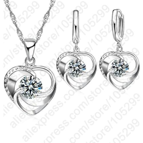 Korean Cute Heart Crystal Earrings Pendant Necklace Party Rhinestone For Women Wedding Party Jewelry set Accessories