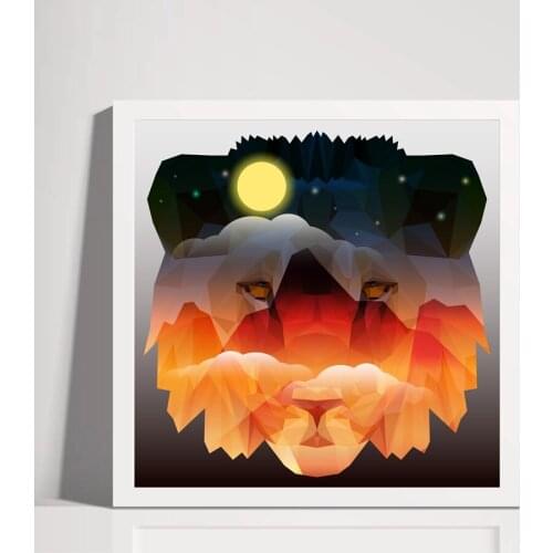 Abstract Lion Head Poster Wall Pictures Canvas Painting , Creative Lion Head And Night Sky With Moon Prints Wall Art Decor