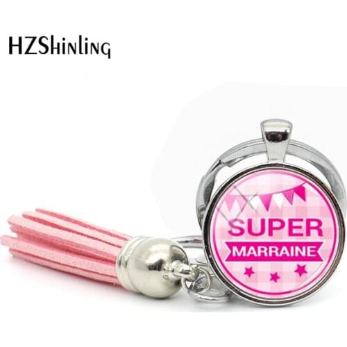 2018 New Super Marraine Tassel Keychain Meilleure Marraine Keychains Glass Cabochon Photo Jewelry Key Chain For a Woman Bag