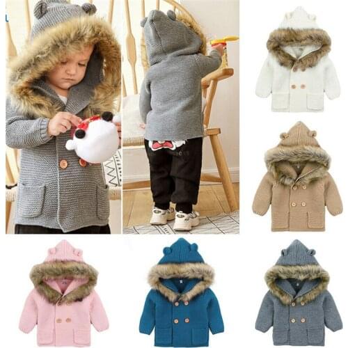2019 New Baby Coat Cute Fur Collar Hooded Knitting Coat Baby Girl Coat Autumn Winter Warm Clothes