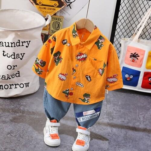 2020 New Baby Boys Fashion Print Dinosaur Tops+Pants Denim Two Pieces Casual Style Colored Costume Spring Autumn Clothing Sets