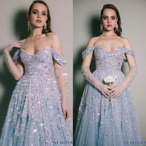 Evening Dresses Off-Shoulder Lace Appliques Sequins Beads Prom Gowns 2020 Custom Made Sweep Train A Line Special Occasion Dress