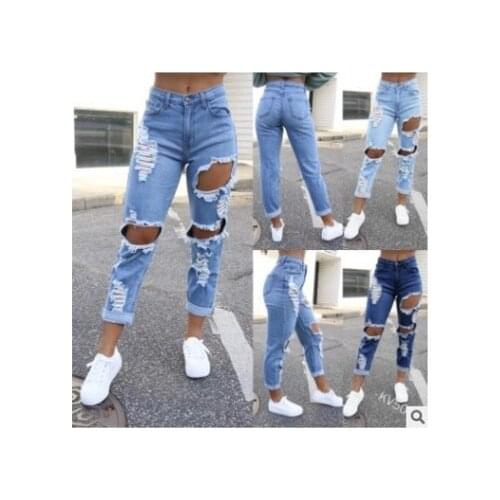 Spring and summer new street style mid waist multi hole jeans womens pocket small leg Capris