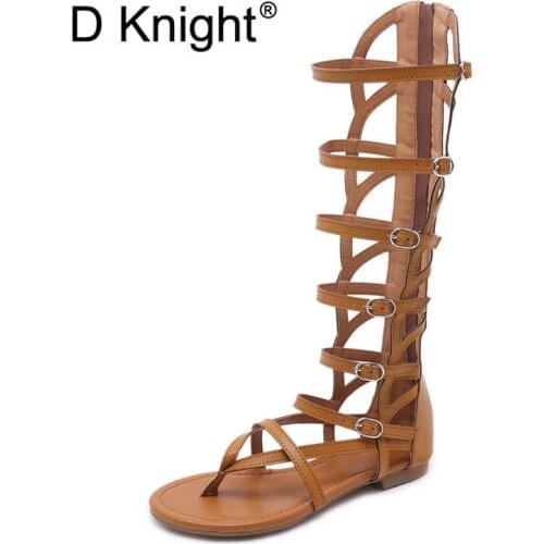 Ladies Casual Knee High Gladiator Sandals Sexy Back Zipper High Top Flip Flops For Women Vintage Cut-ous Ankle Strap Rome Sandal