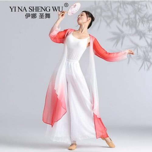 Women Classical Dance Long Top Flowy Loose Shirt Chiffon Harem Pants Dancer Practice Wear Chinese Folk Dancewear Gradient Wear