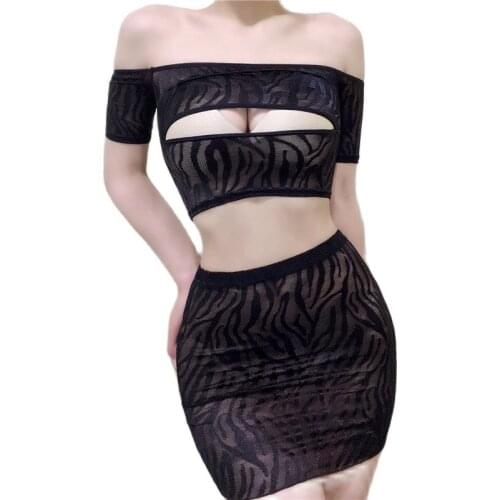 2 Piece Set Women See Through Erotic Lingerie Hollow Out Open Chest Tops Package Hip Micro Mini Skirts Black Skirt Faldas Jupe