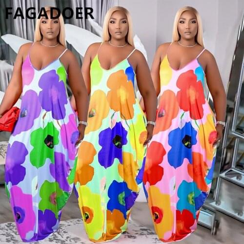 Fagadoer Women Plus Size Bohemian Dress 4xl 5xl FLoral Print Sleeveless Strap Long Maxi Dress Sexy V-Neck Vestidos Casual Summer