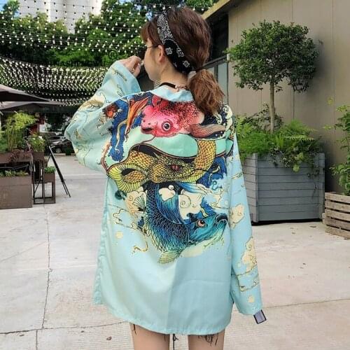 Yukata Women Japanese Kimono Cardigan Cat Printed Long Sleeve Shirt Casual Kimonos Femme Kawaii Asian Kimono Cosplay Costumes